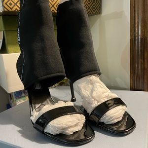 Prada knit and patent leather stiletto sandals
